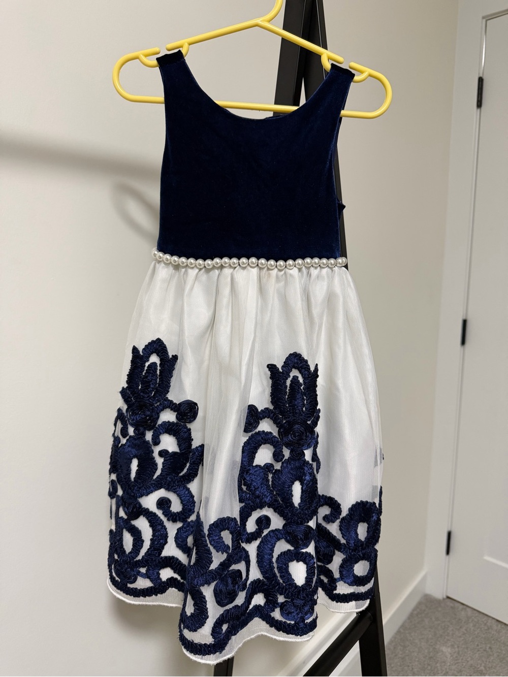 American Princess Navy Velvet and White Pearl-Trim Formal Dress